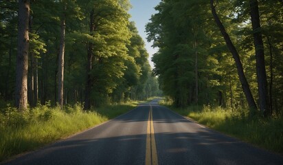 Obraz premium Tree-lined road with lush greenery in a peaceful setting.