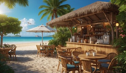 Charming beachside bar with tropical landscape views.