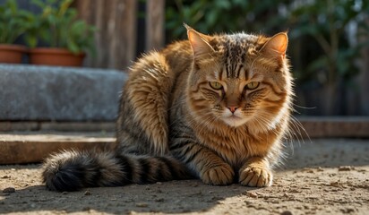 Close-up of a furry tabby cat lying on the ground outside