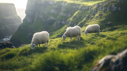Fototapeta premium Sheep grazing on a green hillside, with a majestic background of cliffs and valleys.