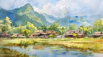 Fototapeta premium A picturesque watercolor of the scenic beauty and traditional Thai villages of the Golden Triangle