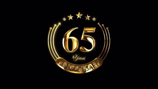 Happy 65th Anniversary Celebration. Golden 65 Years Anniversary Animation in Gold Color on the Transparent Background, Alpha Channel. Great for greetings, celebrations, events, and gifts.