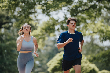 Young couple running outdoors in a park as part of their fitness routine, staying healthy and active together.