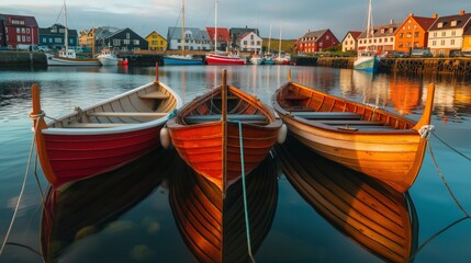Obraz premium Tranquil harbor scene with moored wooden boats reflecting a colorful village backdrop at sunset.