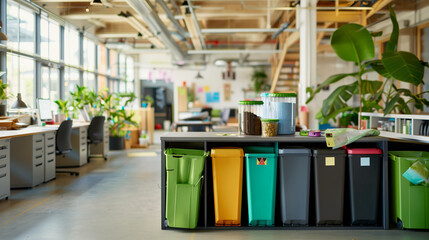  of an office with a zero-waste policy, featuring reusable containers and compost bins in the kitchen area, Businesses, Sustainable Resources, Aiming, Environmental
