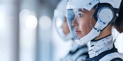 Close-up of Robotic Women in Digital Web Background Demonstrating IoT Technology. Concept Technology, IoT, Robotic Women, Digital Web Background, Close-up