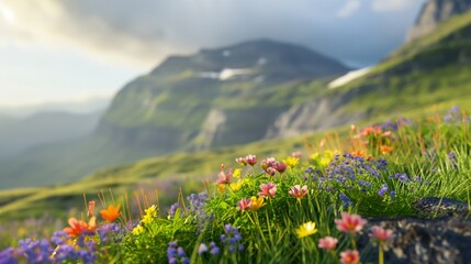 Obraz premium A vibrant mix of wildflowers on a lush mountain slope under a cloudy sky.