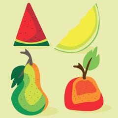 Fruit and berry set in vector. Watermelon, melon, apple and pear.