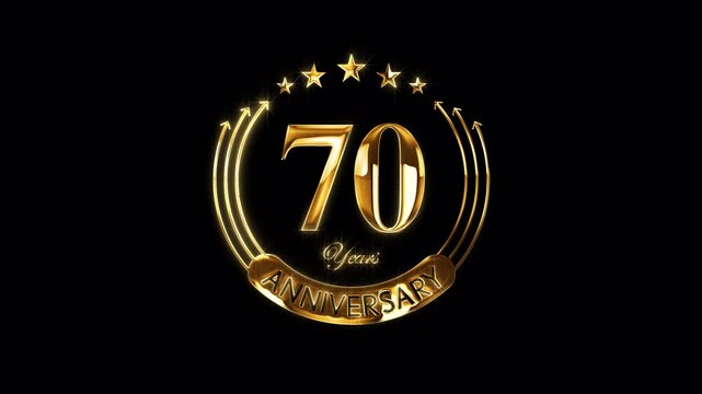 Happy 70th Anniversary Celebration. Golden 70 Years Anniversary Animation in Gold Color on the Transparent Background, Alpha Channel. Great for greetings, celebrations, events, and gifts.