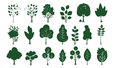 set of trees , watercolor green leaves isolated vector on white background