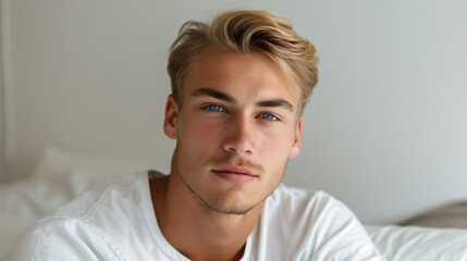 Fototapeta premium Smiling Handsome Blond Young Man in Bedroom Interior. Good looking and confident