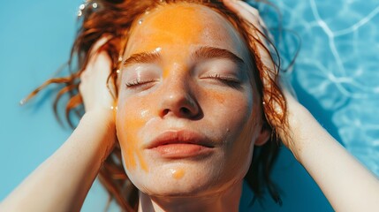 red haired woman with freckles, in the sun at a summer pool party, relaxing on her back under an orange and yellow pastel blue colored oil facial mask, with closed eyes