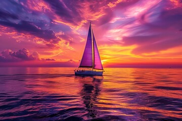 A sailboat on the horizon with a colorful sunset sky