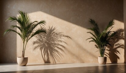 Fototapeta premium Shadow play of two potted plants in sunlight indoors.