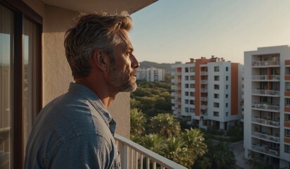 Person enjoying balcony view of modern apartment complex.