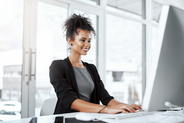 Attorney, woman and computer with typing, legal documents and keyboard with contract for deal agreement. Student, technology and smile for thinking, law firm and planning with website and case email