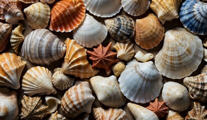 Diverse collection of seashells with varied textures,colors