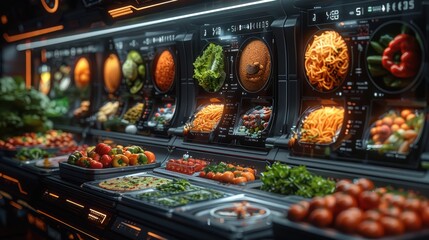 A futuristic grocery store with a variety of fresh produce, including vegetables