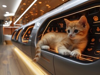 A kitten is laying in a small, enclosed space with a sign that says "Coffee."