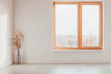 Fototapeta premium Large window in a stylish property room with neutral lighting, minimalist furniture and copy space. Residential Real Estate composition.