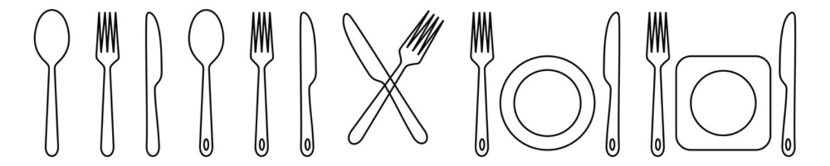 Fork, knife, spoon and plate set line art icons. Tableware set flat style. Dinnerservice collection. Plate, fork and knife. Dinner service.