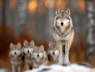 Obraz premium A pack of wolves standing on a snowy hill