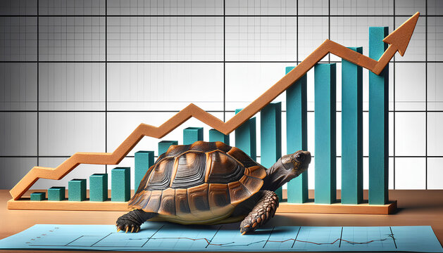 turtle crawling against the background of a growing bar graph, the slow path to success