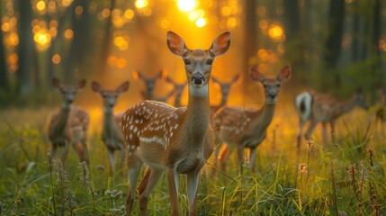 A group of deer are standing in a field with the sun shining on them