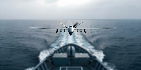 White military drone attacking ship at sea in modern combat scenario. Concept Military Drones, Naval Warfare, Modern Combat, Technology Advancements, Future Warfare