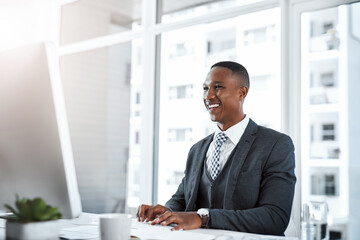 Business, smile and black man typing by computer for productivity, planning schedule and admin in office. African accountant, happy and online spreadsheet for company audit, tax report and analysis