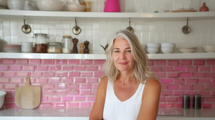 Woman Standing on White Kitchen Interior. Blond Hair, Little Smile (50, 55, 60 years old). Housewife, Mature, Cook, Culinary, Lady, Blond 