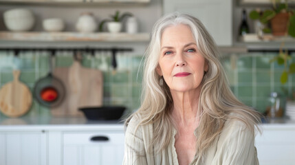 Woman Standing on White Kitchen Interior. Blond Hair, Little Smile (50, 55, 60 years old). Housewife, Mature, Cook, Culinary, Lady, Blond 