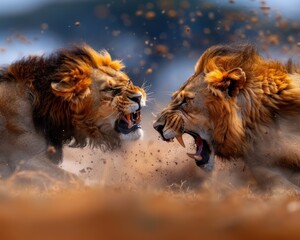 Two lions are fighting in the wild