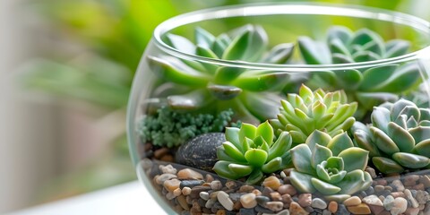 Tiny Glass Terrarium Succulents and Stones for a Mini Garden. Concept Miniature Gardens, Succulent Terrariums, Glass Jar Crafts, Stone Decor, Indoor Gardening