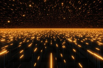 Obraz premium Abstract representation of a futuristic digital landscape with glowing orange lines and particles, creating a sense of depth and motion.