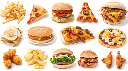 Big set of fast food isolated on transparent background.