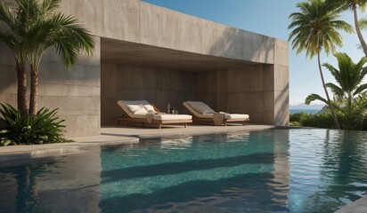 Obraz premium Modern concrete poolside relaxing area with views