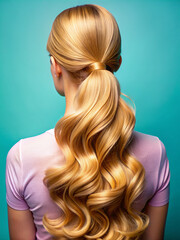Naklejka premium A young woman is depicted with her back to the camera, showcasing her long, blond hair styled in a ponytail with waves and curls. The hair displays a range of shades from light yellow to deep gold