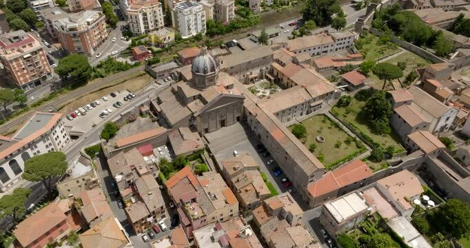 Aerial view of the Santa Rosa monastery in Viterbo, Lazio, Italy. The church has an external cloister and is a Catholic building of worship in the historic center of the city.