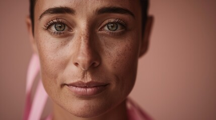 Obraz premium Close-up portrait of a woman wearing a pink ribbon