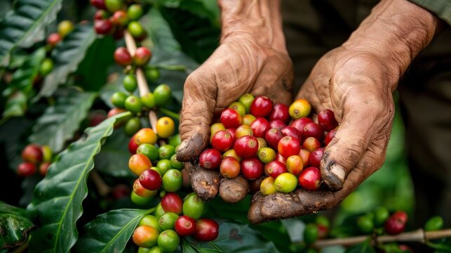 hands holding coffee beans on a farm