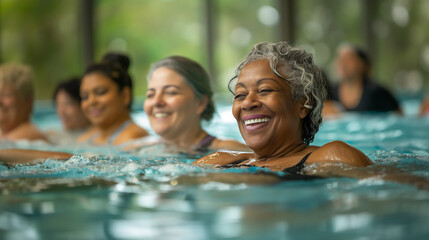 Diverse group of senior women doing water aerobic exercises in swimming pool, active lifestyle, copy space