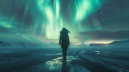 Obraz premium silhouette of a lady looking at northern lights