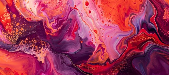 Closeup of an abstract painting with vibrant reds, pinks and purples.