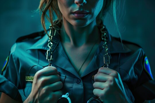 A woman proudly wears a police uniform and holds handcuffs, showcasing her profession as a law enforcement officer. She exudes confidence and authority in her role.