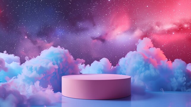 a round object in the middle of a blue and pink sky with clouds and stars in the background