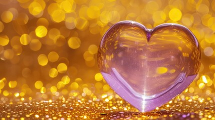 A vibrant gold glittering background featuring a single large transparent purple heart centered prominently, symbolizing royalty and elegance.