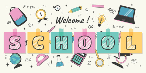 Back to school. Sheets with inscriptions and school supplies. A banner for an advertising banner, website, flyer and more