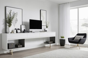 Fototapeta premium Minimalist living room with white walls black armchair and large window