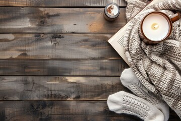Cozy Night In Essentials Flat Lay on Natural Wood Background with Negative Space for Text Promotion of Relaxation and Self-Care Products